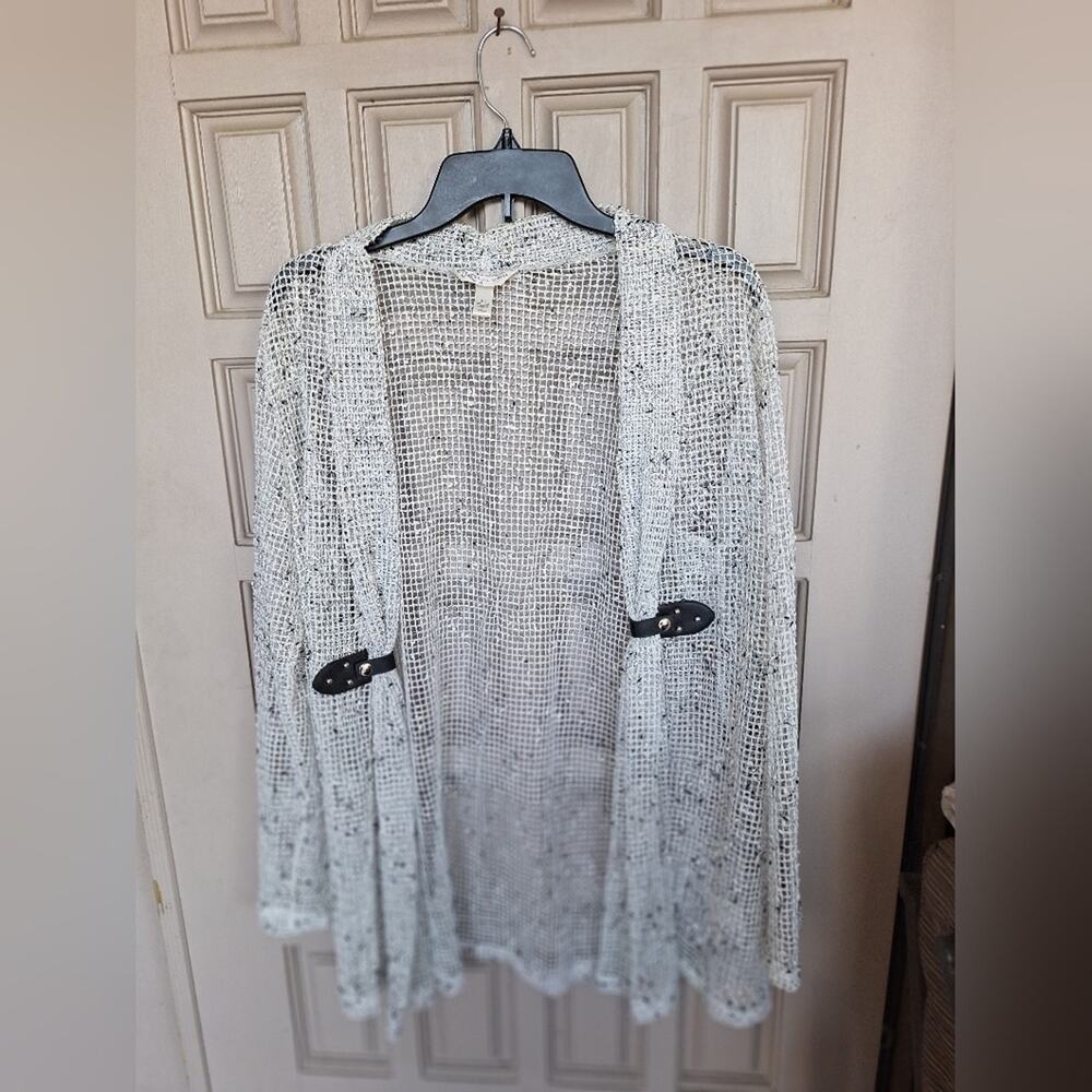 KrazyKat Mesh Blazer SzXL Lt Gray Faux Leather Embellishment Lng Sleeves NWOT